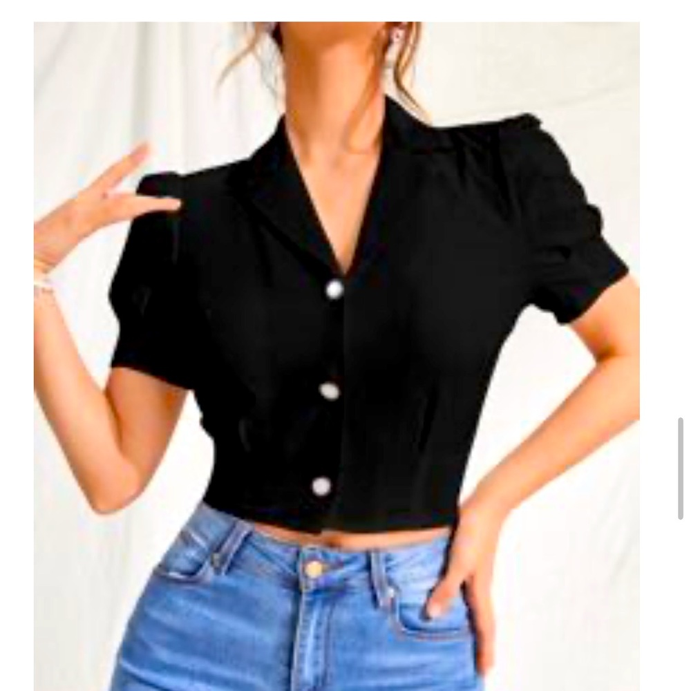 Small Black Short Sleeved Puff Shoulder Blouse White Button Down Collared Crop